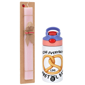 The office, Live every day like pretzel day, Easter Set, Children's thermal stainless steel water bottle with safety straw, pink/purple (350ml) & Easter scented flat candle (30cm) (PINK)