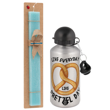 The office, Live every day like pretzel day, Easter Set, metallic silver aluminum water bottle (500ml) & scented flat Easter candle (30cm) (TURQUOISE)