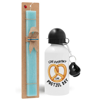 The office, Live every day like pretzel day, Easter Set, metallic aluminum water bottle (500ml) & scented flat candle (30cm) (TURQUOISE)