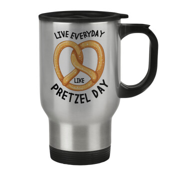 The office, Live every day like pretzel day, Stainless steel travel mug with lid, double wall 450ml