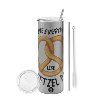 The office, Live every day like pretzel day, Eco friendly stainless steel Silver tumbler 600ml, with metal straw & cleaning brush
