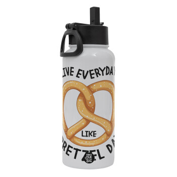 The office, Live every day like pretzel day, Metal mug thermo White with Straw and Spout Lid (Stainless steel), double wall, 950ml