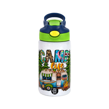 Camp Life, Children's hot water bottle, stainless steel, with safety straw, green, blue (350ml)