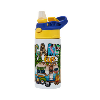 Camp Life, Children's hot water bottle, stainless steel, with safety straw, green, blue (360ml) BPA FREE