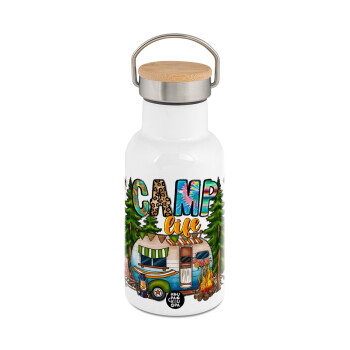 Camp Life, Metallic thermos (Stainless steel) White with wooden lid (bamboo), double-walled, 350ml