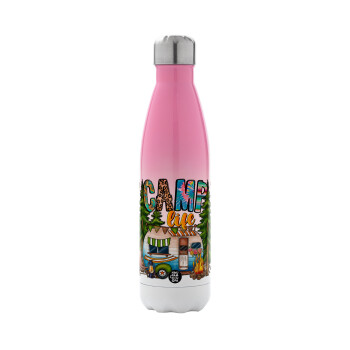 Camp Life, Metal mug thermos Pink/White (Stainless steel), double wall, 500ml