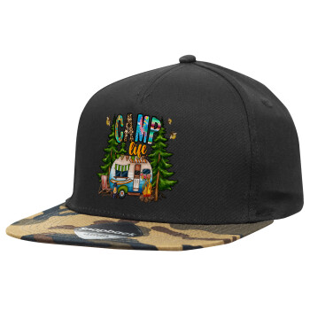 Camp Life, Adult Flat Snapback Hat Black/Camouflage, (100% COTTON TWILL, ADULT, UNISEX, ONE SIZE)