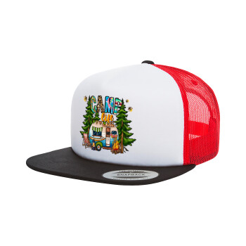 Camp Life, Adult Foam Flat Snapback with Mesh Black-White-Red (POLYESTER, ADULT, UNISEX, ONE SIZE)