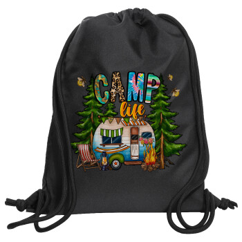 Camp Life, Τσάντα πλάτης πουγκί GYMBAG Μαύρη, με τσέπη (40x48cm) & χονδρά κορδόνια