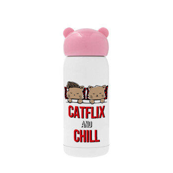 Catflix and Chill, Pink stainless steel thermal flask, 320ml