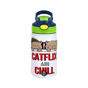 Catflix and Chill, Children's hot water bottle, stainless steel, with safety straw, green, blue (350ml)