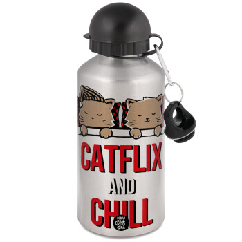 Catflix and Chill, Μεταλλικό παγούρι νερού, Ασημένιο, αλουμινίου 500ml
