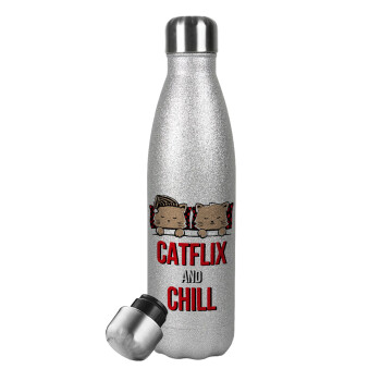 Catflix and Chill, Μεταλλικό παγούρι θερμός Glitter Aσημένιο (Stainless steel), διπλού τοιχώματος, 500ml