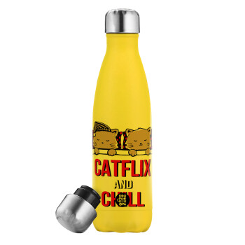 Catflix and Chill, Yellow Stainless Steel Metallic Thermos, double-walled, 500ml