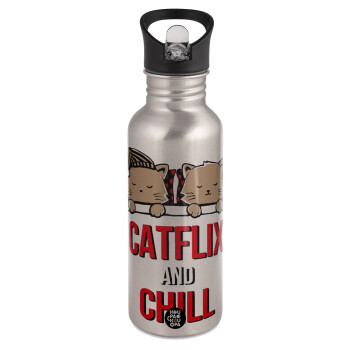 Catflix and Chill, Water bottle Silver with straw, stainless steel 600ml