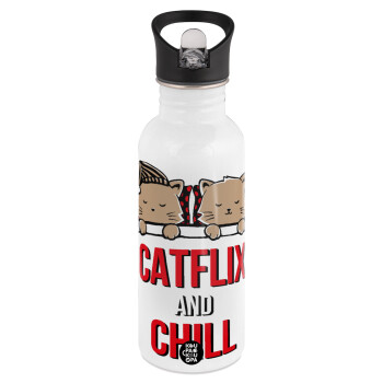 Catflix and Chill, White water bottle with straw, stainless steel 600ml
