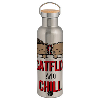 Catflix and Chill, Stainless steel Silver with wooden lid (bamboo), double wall, 750ml