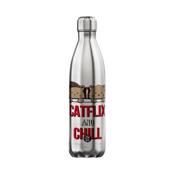 Catflix and Chill, Μεταλλικό παγούρι θερμός Inox (Stainless steel), διπλού τοιχώματος, 750ml