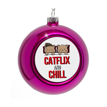 Catflix and Chill, Purple Christmas tree ornament bauble 8cm