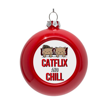 Catflix and Chill, Red Christmas tree ornament bauble 8cm