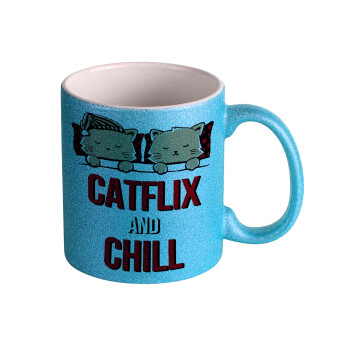Catflix and Chill, Κούπα Σιέλ Glitter που γυαλίζει, κεραμική, 330ml