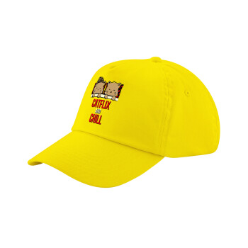 Catflix and Chill, Child's Baseball Cap, 100% Cotton Twill, Yellow (COTTON, CHILD, UNISEX, ONE SIZE)