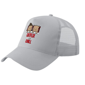 Catflix and Chill, Adult Structured Trucker Hat, with Mesh, GRAY (100% COTTON, ADULT, UNISEX, ONE SIZE)