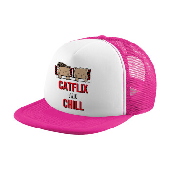Catflix and Chill, Καπέλο παιδικό Soft Trucker με Δίχτυ ΡΟΖ/ΛΕΥΚΟ (POLYESTER, ΠΑΙΔΙΚΟ, ONE SIZE)