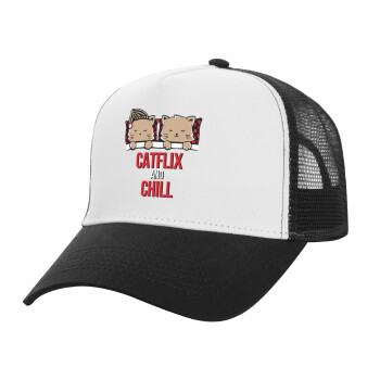 Catflix and Chill, Adult Structured Trucker Hat, with Mesh, WHITE/BLACK (100% COTTON, ADULT, UNISEX, ONE SIZE)