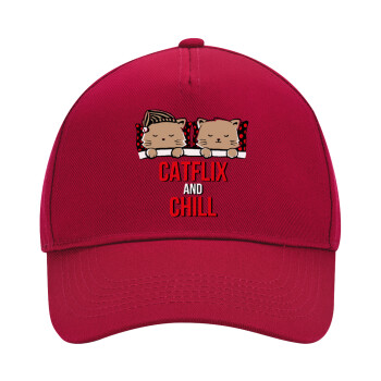 Catflix and Chill, Adult Ultimate Hat RED, (100% COTTON DRILL, ADULT, UNISEX, ONE SIZE)