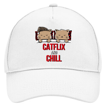 Catflix and Chill, Καπέλο Ενηλίκων Baseball, Drill, Λευκό (100% ΒΑΜΒΑΚΕΡΟ, ΕΝΗΛΙΚΩΝ, UNISEX, ONE SIZE)