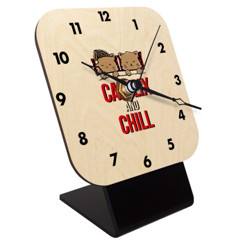 Catflix and Chill, Quartz Table clock in natural wood (10cm)
