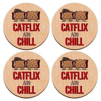 Catflix and Chill, ΣΕΤ x4 Σουβέρ ξύλινα στρογγυλά plywood (9cm)