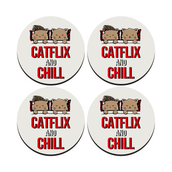 Catflix and Chill, SET of 4 round wooden coasters (9cm)
