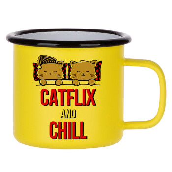Catflix and Chill, Κούπα Μεταλλική εμαγιέ ΜΑΤ Κίτρινη 360ml