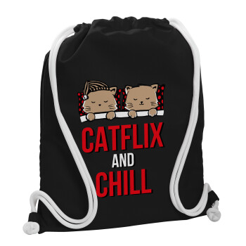Catflix and Chill, Τσάντα πλάτης πουγκί GYMBAG Μαύρη, με τσέπη (40x48cm) & χονδρά λευκά κορδόνια