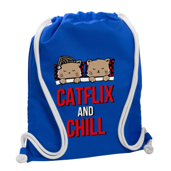Catflix and Chill, Τσάντα πλάτης πουγκί GYMBAG Μπλε, με τσέπη (40x48cm) & χονδρά κορδόνια