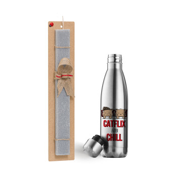 Catflix and Chill, Easter Set, metallic stainless thermos flask (500ml) & scented flat Easter candle (30cm) (GRAY)