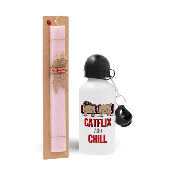 Catflix and Chill, Easter Set, metallic aluminum bottle (500ml) & aromatic flat Easter candle (30cm) (PINK)