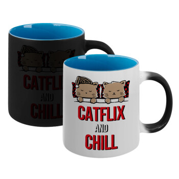 Catflix and Chill, Κούπα Μαγική εσωτερικό μπλε, κεραμική 330ml που αλλάζει χρώμα με το ζεστό ρόφημα (1 τεμάχιο)