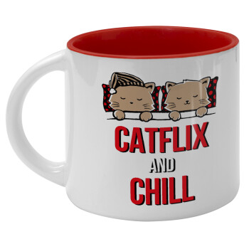 Catflix and Chill, Κούπα κεραμική 400ml Λευκή/Κόκκινη