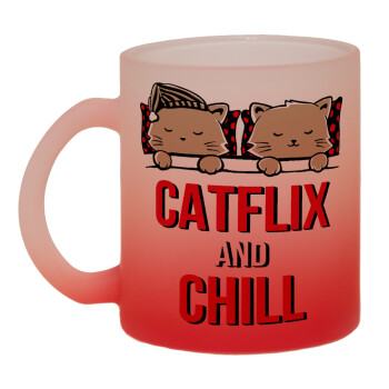 Catflix and Chill, Κούπα γυάλινη δίχρωμη με βάση το κόκκινο ματ, 330ml