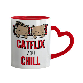Catflix and Chill, Κούπα καρδιά χερούλι κόκκινη, κεραμική, 330ml