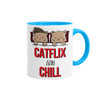 Catflix and Chill, Mug colored light blue, ceramic, 330ml