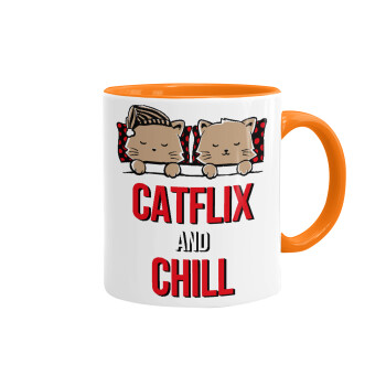Catflix and Chill, Κούπα χρωματιστή πορτοκαλί, κεραμική, 330ml