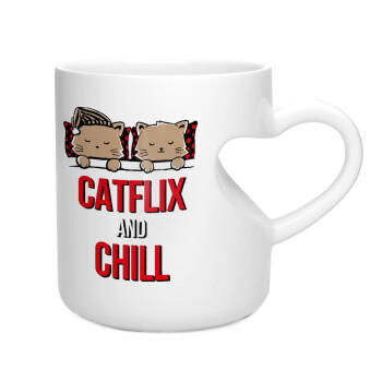 Catflix and Chill, Κούπα καρδιά λευκή, κεραμική, 330ml