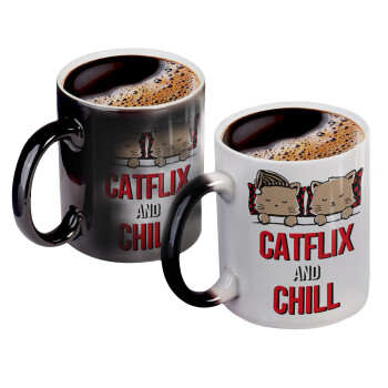 Catflix and Chill, Color changing magic Mug, ceramic, 330ml when adding hot liquid inside, the black colour desappears (1 pcs)