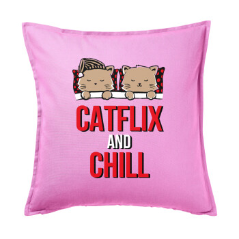 Catflix and Chill, Sofa cushion Pink 50x50cm includes filling