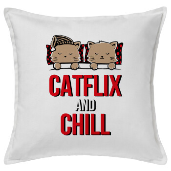 Catflix and Chill, Μαξιλάρι καναπέ ΛΕΥΚΟ 100% βαμβάκι, περιέχεται το γέμισμα (50x50cm)