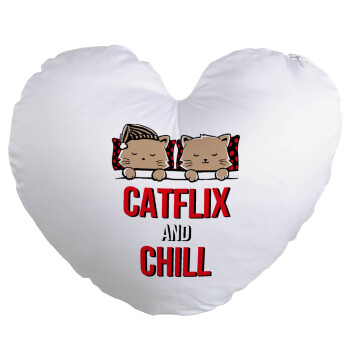 Catflix and Chill, Μαξιλάρι καναπέ καρδιά 40x40cm περιέχεται το  γέμισμα